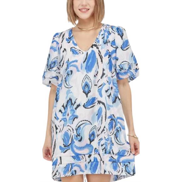 NEW JOY JOY pleated puff sleeve dress in summer pais - Picture 1 of 2